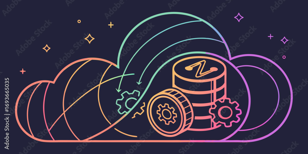 Poster cloud data storage and processing concept with coins, gears, and dynamic design