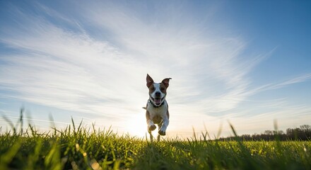 Adorable Jack Russell Terrier dog happily running through a bright green field under a clear blue sky.