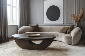 Round coffee table on beige rug near cozy sofa in room with classic paneling and poster. Scandinavian home interior design of modern living room, Generative AI