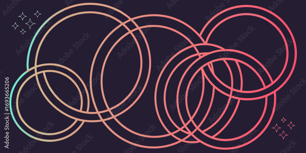 Poster abstract geometric shapes with overlapping circles and stars in vibrant gradient colors