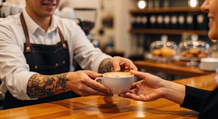 A barista with tattooed arms hands a cappuccino to a customer across a wooden counter in a bright coffee shop.