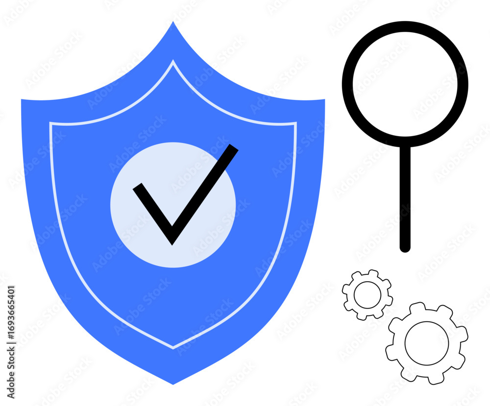 Poster blue shield with checkmark symbolizing protection, magnifying glass for analysis, gears for system f