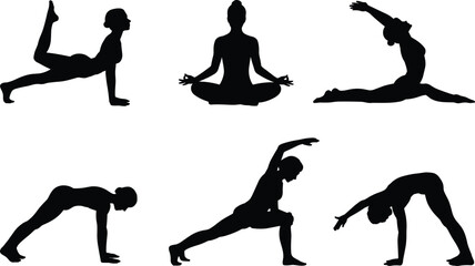 Silhouette Yoga Poses Vector Set of Women Exercising, Meditation and Stretching Positions, Fitness Wellness Workout Illustration