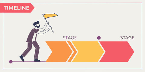 Man conquering business timeline, achieving goals, progress and success, a modern vector art