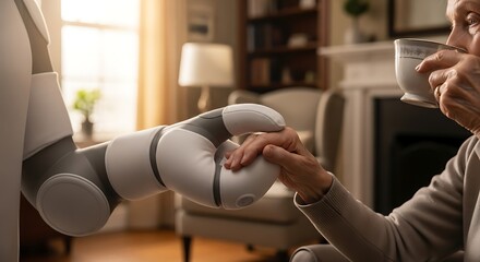 Futuristic caregiver robot providing gentle support and assistance to an elderly person drinking tea in a comfortable home