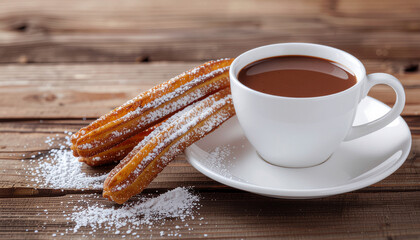 Golden fried churros dusted with sugar, served with cup of thick hot chocolate