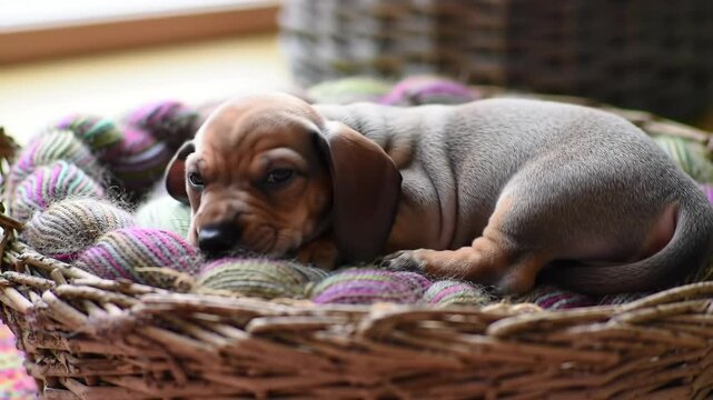Cute dachshund puppy sleeping in a basket on soft yarn.  Sweet, adorable animal, relaxed, canine, domestic pet, indoors.