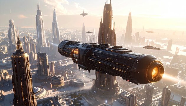 Futuristic cityscape with a sleek, long spacecraft flying overhead.  
