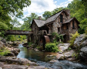 A rustic stone mill nestled beside a serene stream