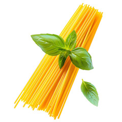 Uncooked spaghetti pasta with fresh basil leaves isolated  
