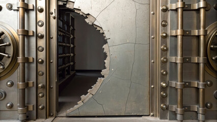 Large hole in steel bank vault door highlights critical security breach with significant economic risk and sense of urgency in empty interior