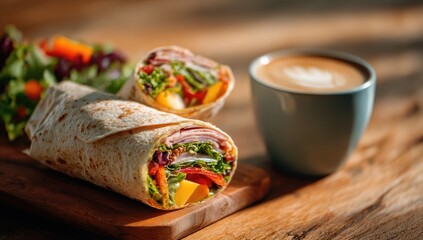 Delicious wraps and coffee on a wooden table