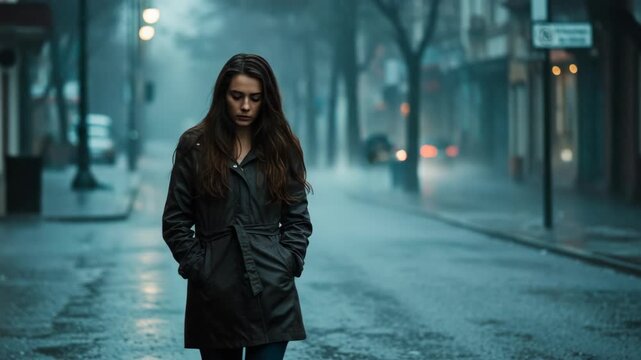 Pensive Young Woman in Dark Coat Stands on Wet City Street Moody Weather Gloomy Atmosphere with Soft Lighting and Blurred Background in Cinematic Style