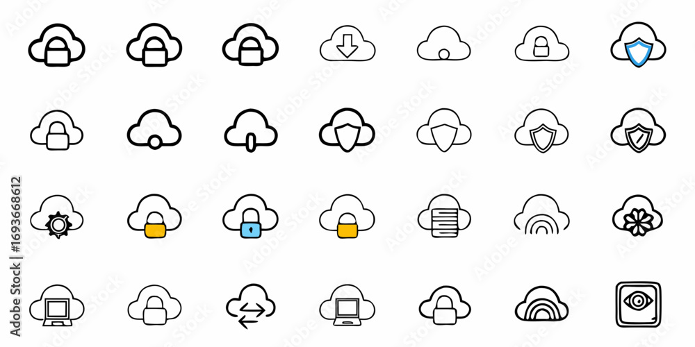 Poster secure cloud icons for modern technology and data protection solutions featuring various cloud servi