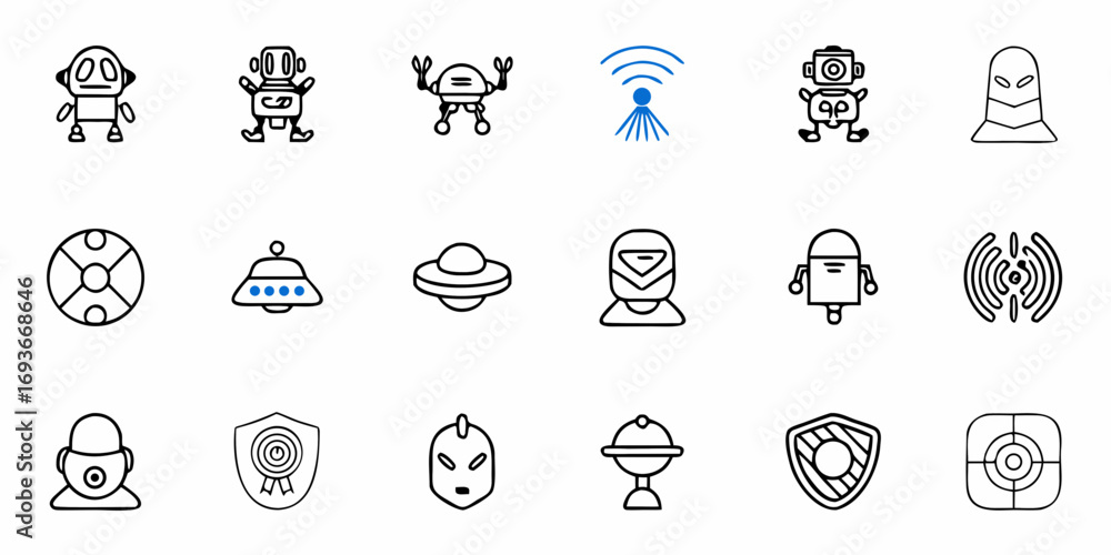 Poster fun futuristic robots and alien icons for innovative technology and imaginative design projects