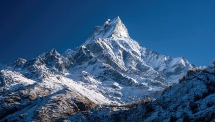 Obraz premium Majestic snow-capped mountain peak against a vibrant blue sky