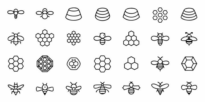 Beekeeping icons set for honey themed designs, apiary projects and natural food product branding