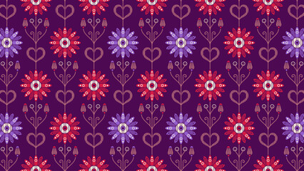 Floral repeat motif on a purple background. A repeating botanical illustration