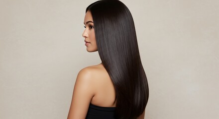 Fototapeta premium Studio portrait of a beautiful woman with exceptionally smooth, straight brown hair.