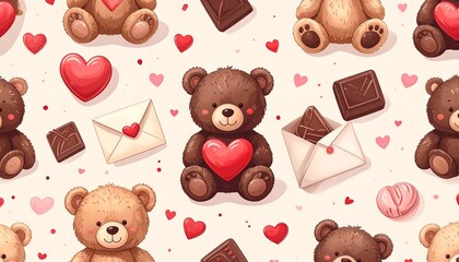 Adorable teddy bears with hearts and chocolates create a sweet Valentine's Day or gift theme pattern.