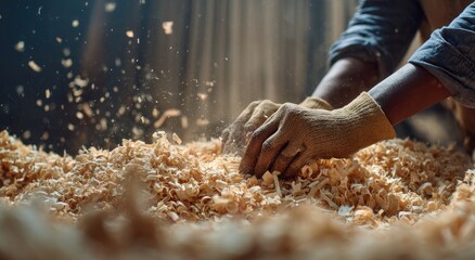 Woodworking hands amidst sawdust