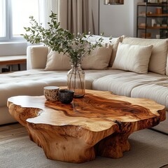 Boho interior design of modern living room, home. Live edge coffee table near beige sofa, Generative AI