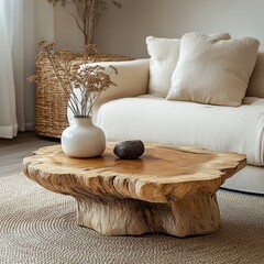 Boho interior design of modern living room, home. Live edge coffee table near beige sofa, Generative AI