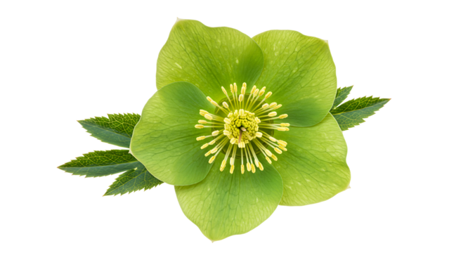 Green hellebore flower with yellow stamen and green leaves, unique botanical illustration, isolated on transparent background for nature