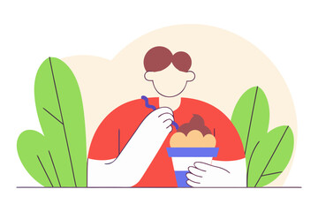 Person enjoying a delicious ice cream sundae isolated on transparent background