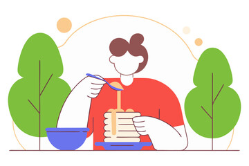 Fototapeta premium Person enjoying a stack of pancakes with syrup isolated on transparent background