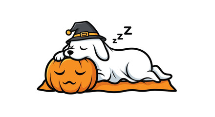 Adorable white dog wearing a witch hat sleeps peacefully on a carved Halloween pumpkin.
