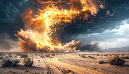 Fiery vortex erupts over a desert road, amidst a dramatic storm cloud