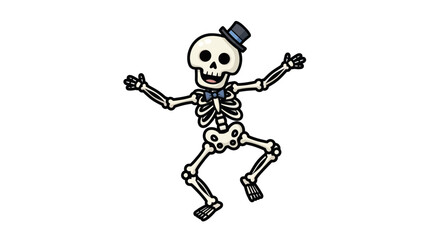 Joyful cartoon skeleton character wearing a purple top hat and bow tie while dancing.