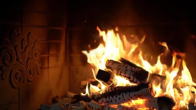 Crackling Fireplace Scene With Burning Logs and a Decorative Brick Wall Background