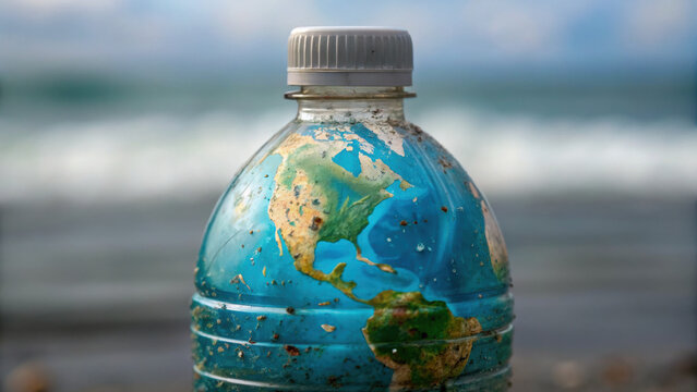 Plastic bottle with globe inside ocean background environmental pollution macro shot high detail water droplets dirty plastic climate change nature conservation urgent message