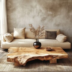 Boho interior design of modern living room, home. Live edge coffee table near beige sofa, Generative AI