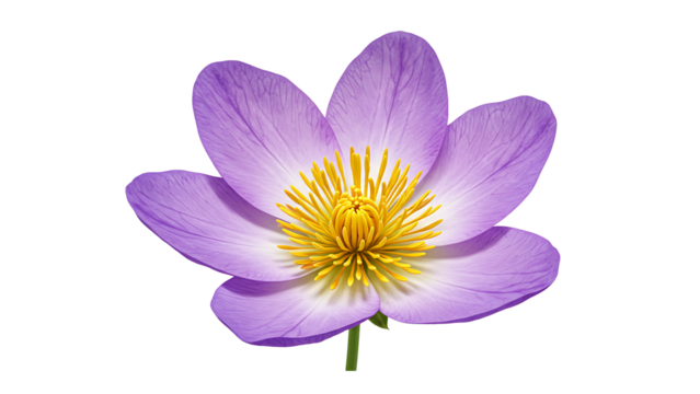 Violet flower with yellow center and five petals, detailed botanical illustration, isolated  on transparent background for nature