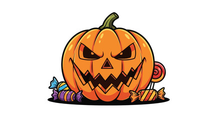 Scary Carved Halloween Pumpkin Jack-o-Lantern with Candies Illustration.