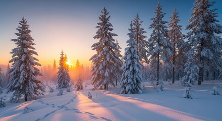 Beautiful winter landscape with snow-covered pine trees illuminated by golden sunrise light in a serene forest.