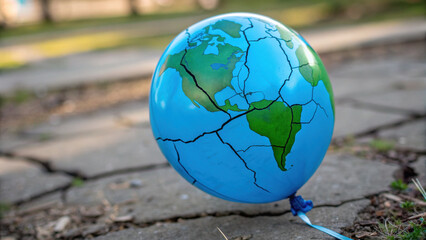 Earth balloon with map illustration showing cracks on surface, symbolizing economic risk and critical environmental issues, placed outdoors on cracked pavement, evoking concern and urgency