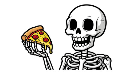 A smiling cartoon skeleton holding a slice of pepperoni pizza with melted cheese.