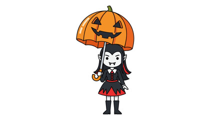 Cartoon Vampire Girl Holding Pumpkin Umbrella for Halloween.