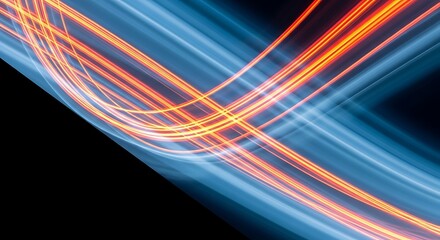 Abstract blue and orange light trails representing high-speed data transfer and network communication on a black background