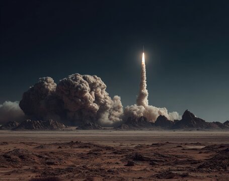 Rocket launch over a desert landscape at night - Powered by Adobe