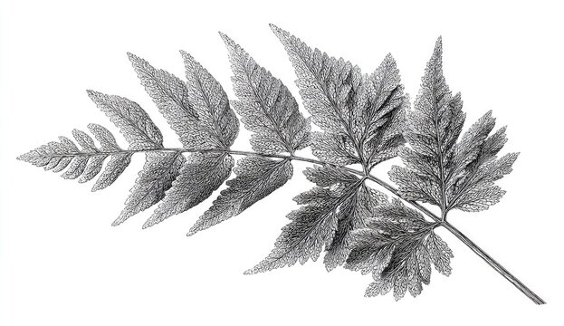Detailed grayscale drawing of a fern frond