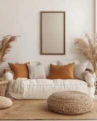 Country interior design of modern living room, home. Sofa against wall with poster, Generative AI
