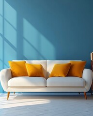 Sofa and book stand against blue wall. Scandinavian home interior design of modern living room, Generative AI