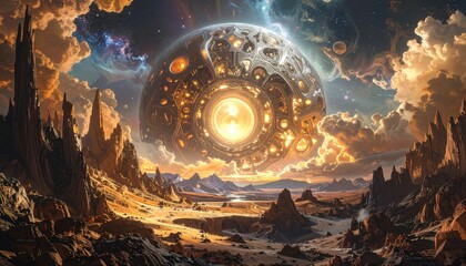 A magnificent, otherworldly landscape unfolds with a colossal, golden celestial object hovering above a vast desert, bathed in warm, golden hues.