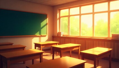 Golden Hour Classroom: Sunlight streams through the large window, illuminating an empty schoolroom with a sense of quiet nostalgia and peaceful calm.