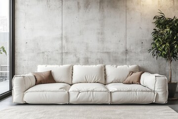 White sofa against concrete paneling wall. Minimalist, loft urban home interior design of modern living room, Generative AI